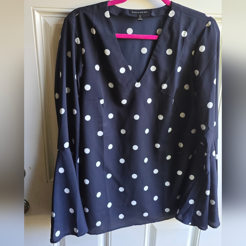 Banana Republic Navy Blue Polka Dot V-Neck Blouse